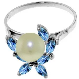2.65 Carat 14K Solid White Gold Ring Natural Blue Topaz Pearl