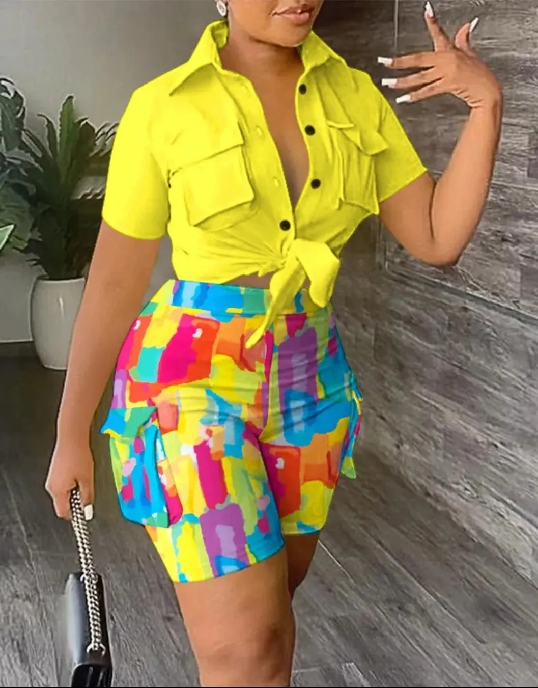 2pcs Set Women Outfit  summer Fashion Turn- Down  Collar Short Sleeve