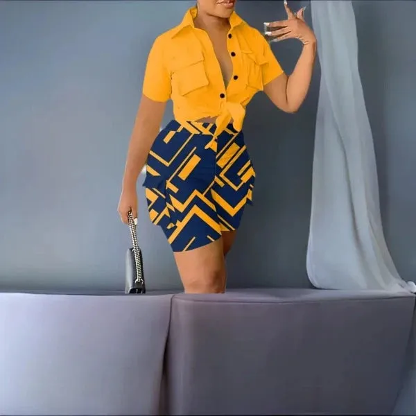 2pcs Set Women Outfit  summer Fashion Turn- Down  Collar Short Sleeve