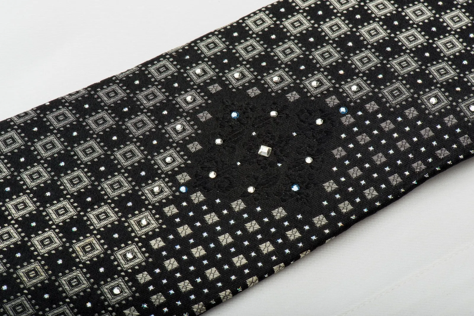 Basic Elle Rhinestone Silk Necktie Silver Geometric On Black With Silver Sparkles