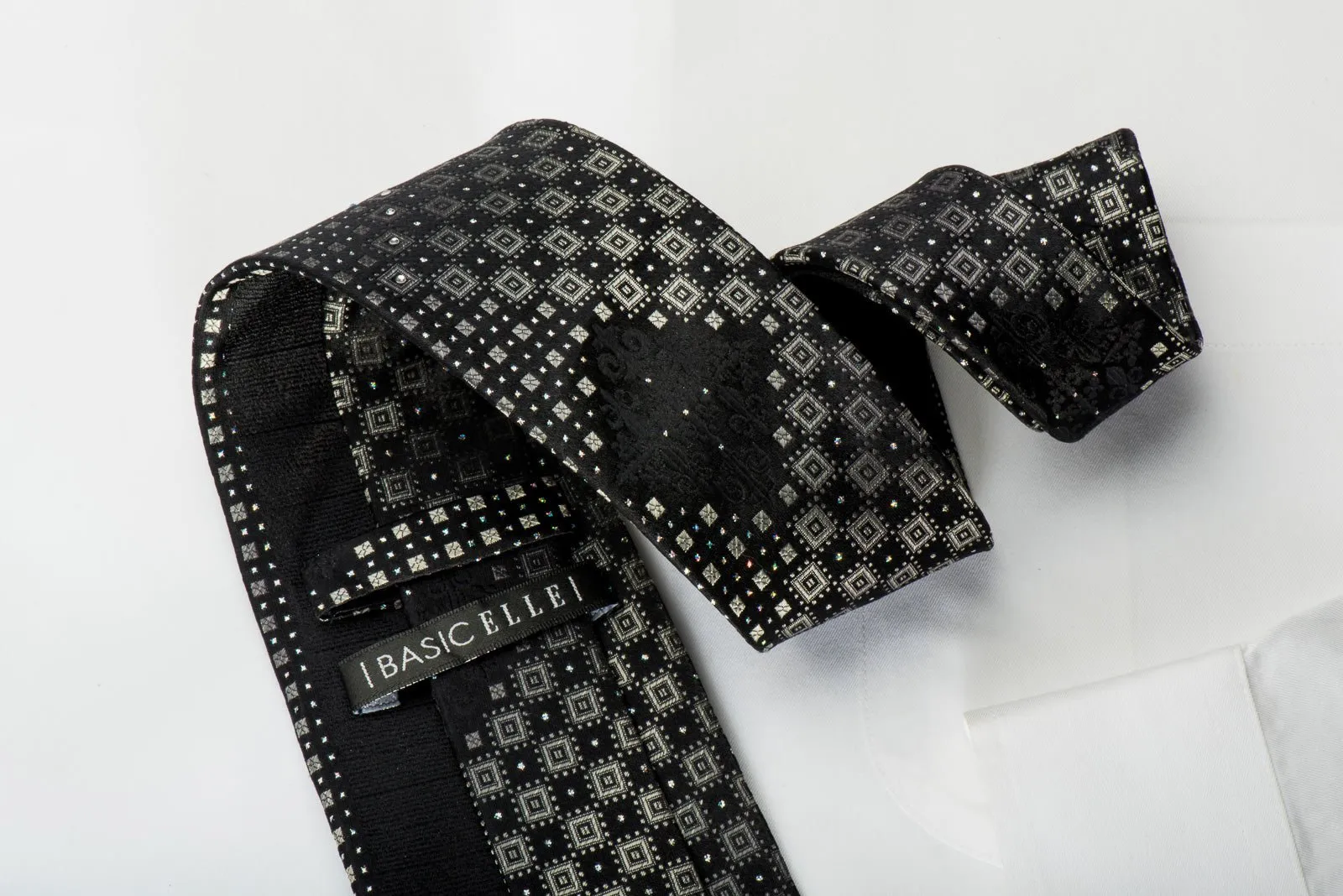 Basic Elle Rhinestone Silk Necktie Silver Geometric On Black With Silver Sparkles