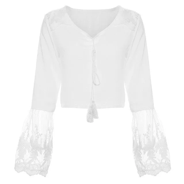Bella in White--  Boho Midrift Blouse with Flowing Sleeves