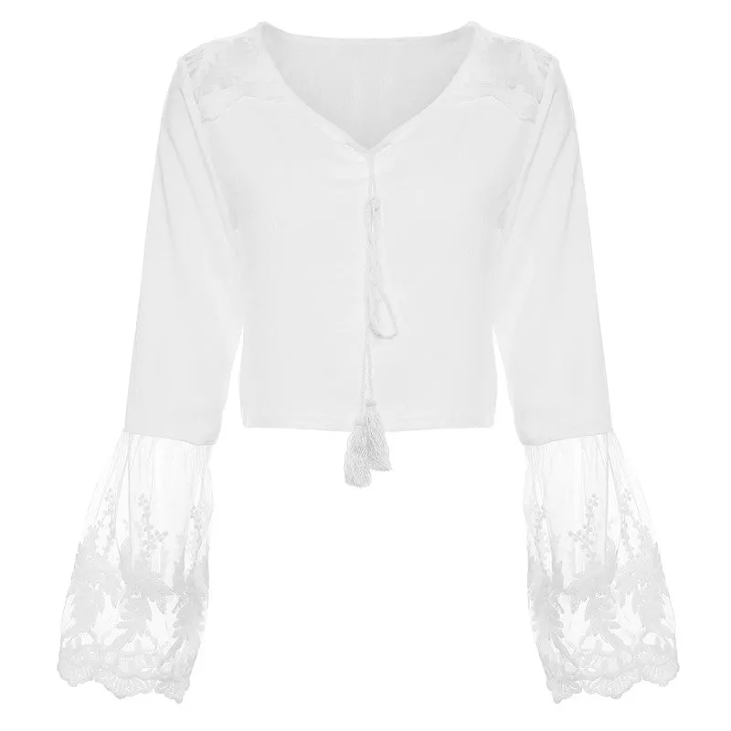 Bella in White--  Boho Midrift Blouse with Flowing Sleeves