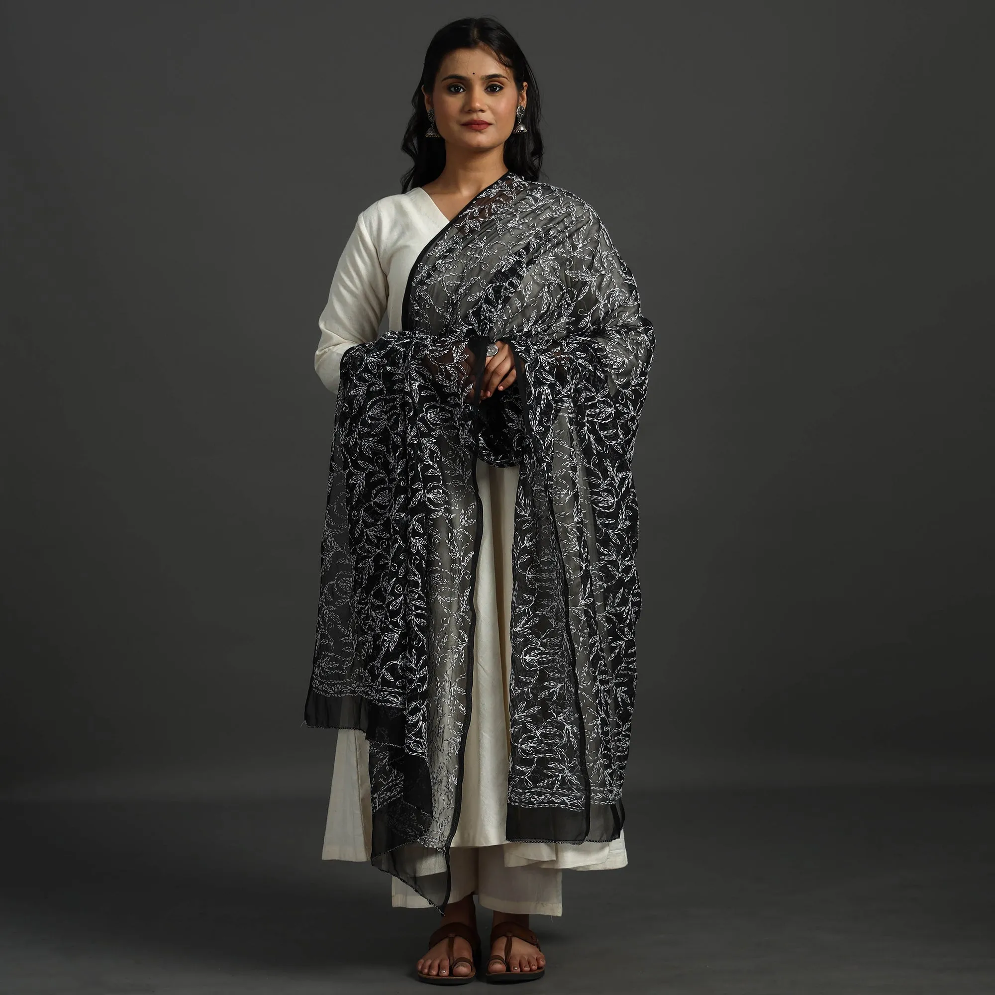 Black - Lucknow Chikankari Tepchi Embroidery Georgette Dupatta 05