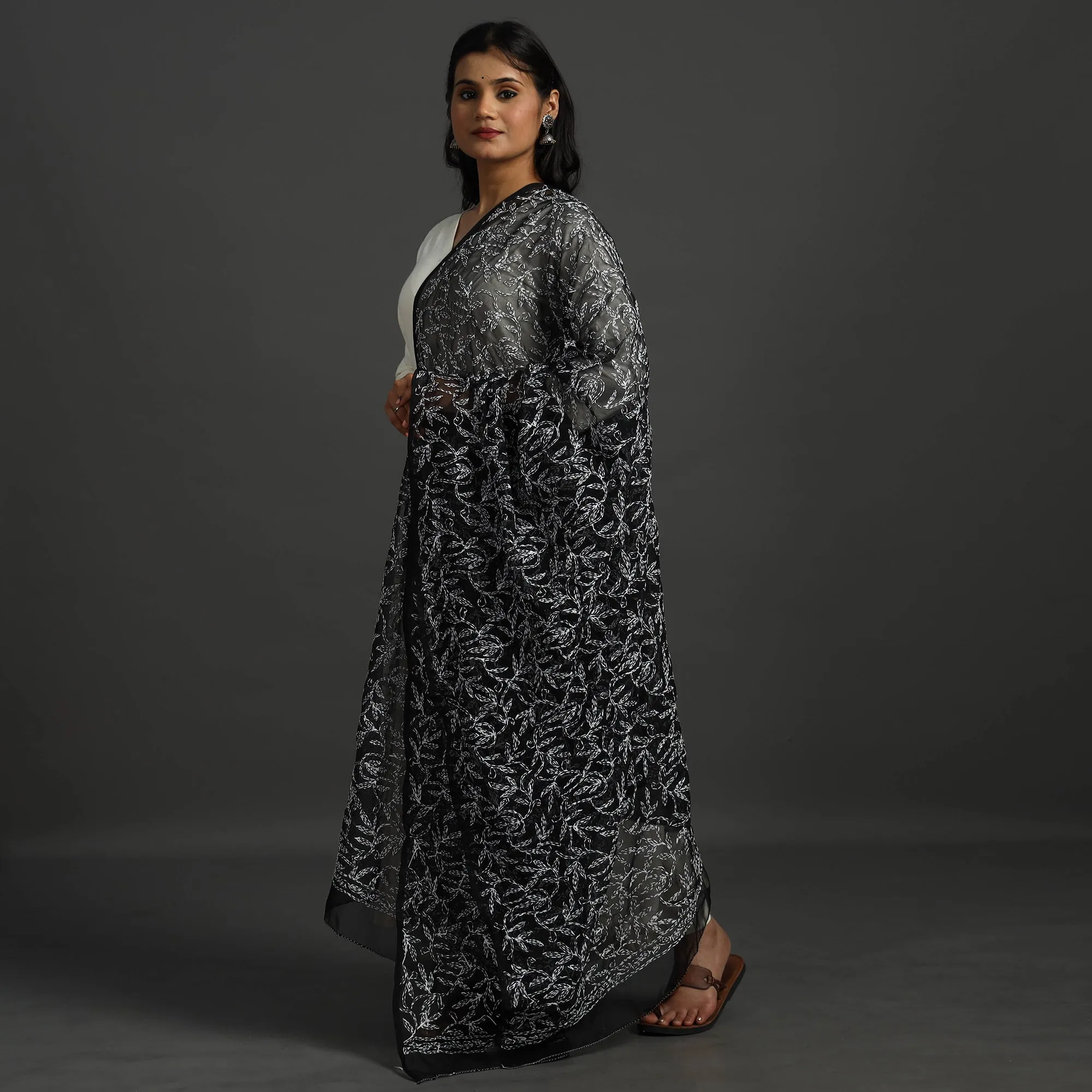 Black - Lucknow Chikankari Tepchi Embroidery Georgette Dupatta 05