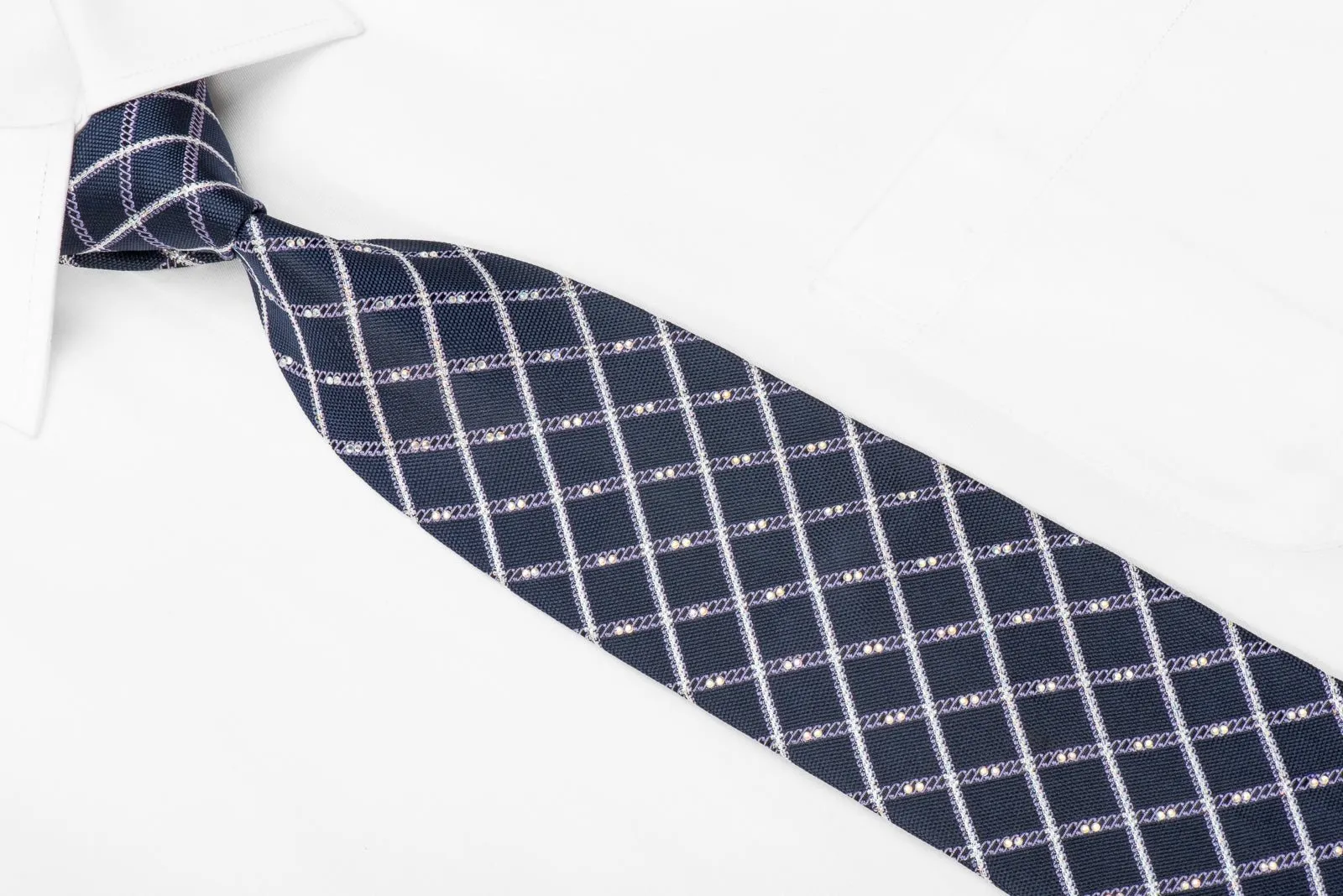 Bruno Baffi Men's Crystal Silk Necktie Silver Striped Checker On Blue With Silver Sparkles
