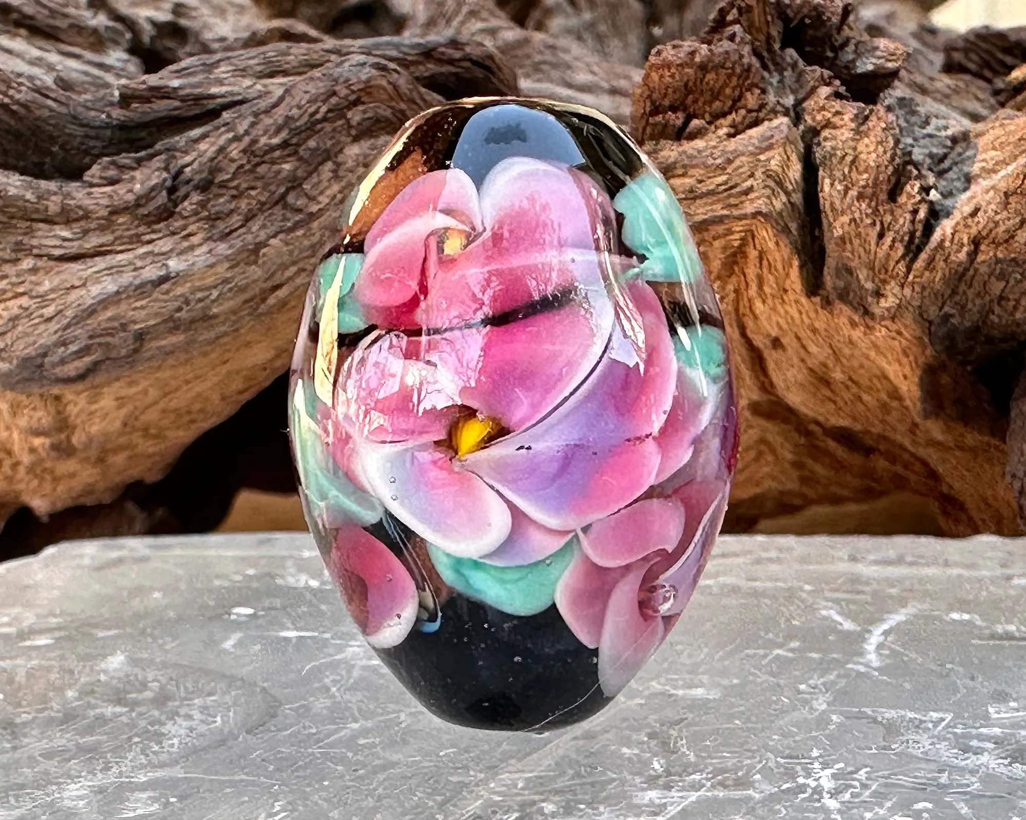 Charming Pink Floral Lampwork Focal Bead SRA
