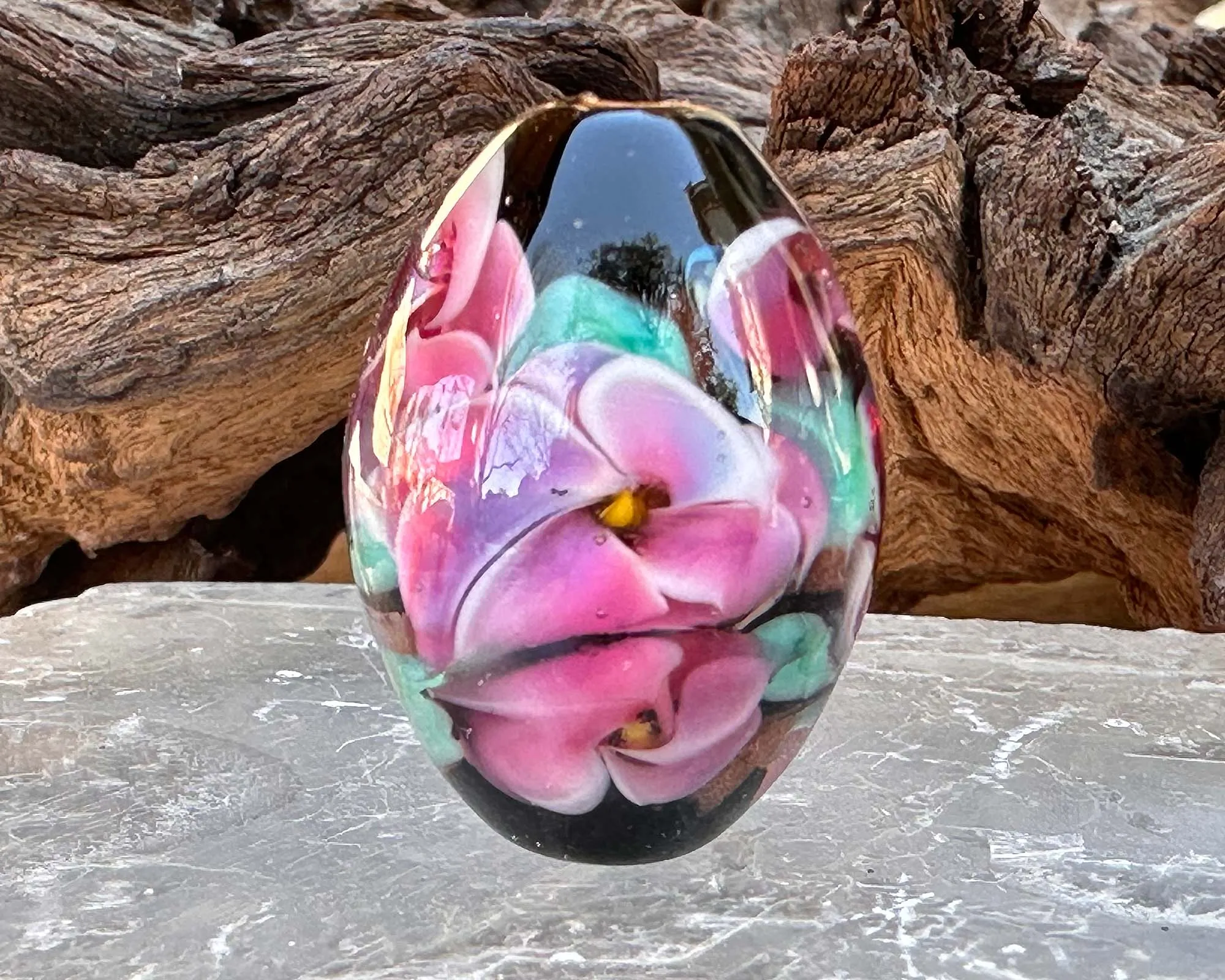 Charming Pink Floral Lampwork Focal Bead SRA