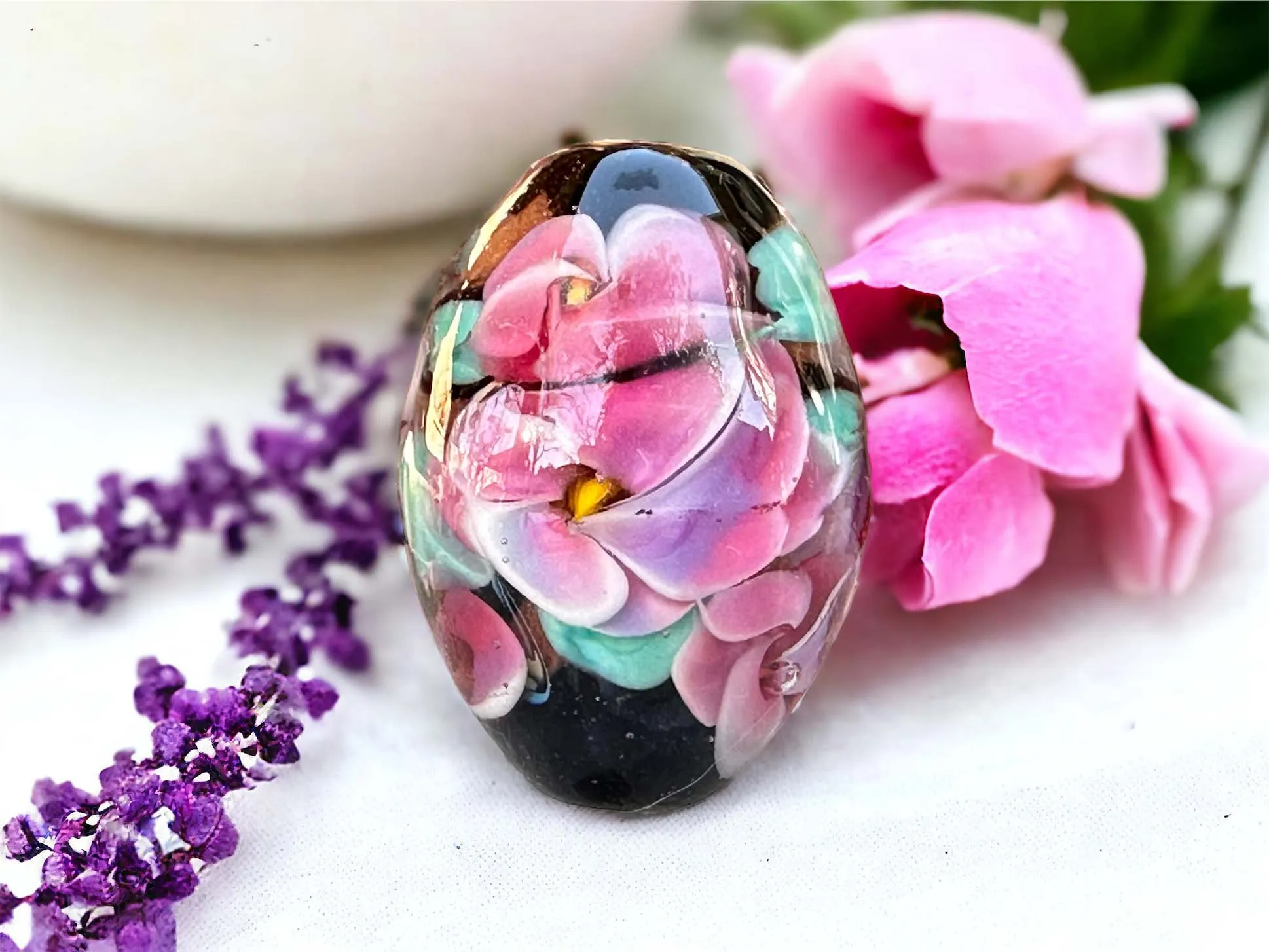Charming Pink Floral Lampwork Focal Bead SRA