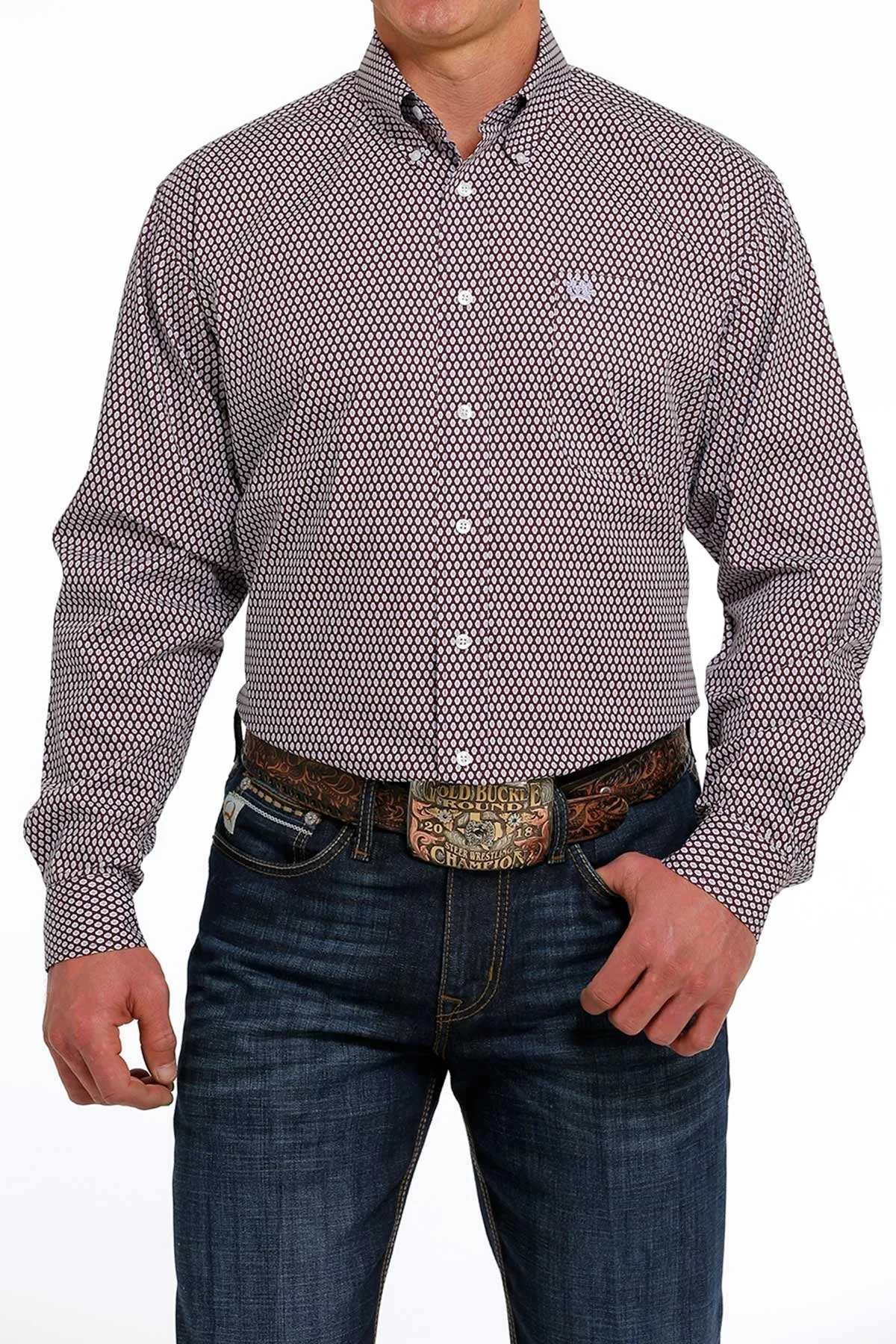 Cinch Mens Geometric Print Button Down Western L/S Shirt - Purple - MTW1105482