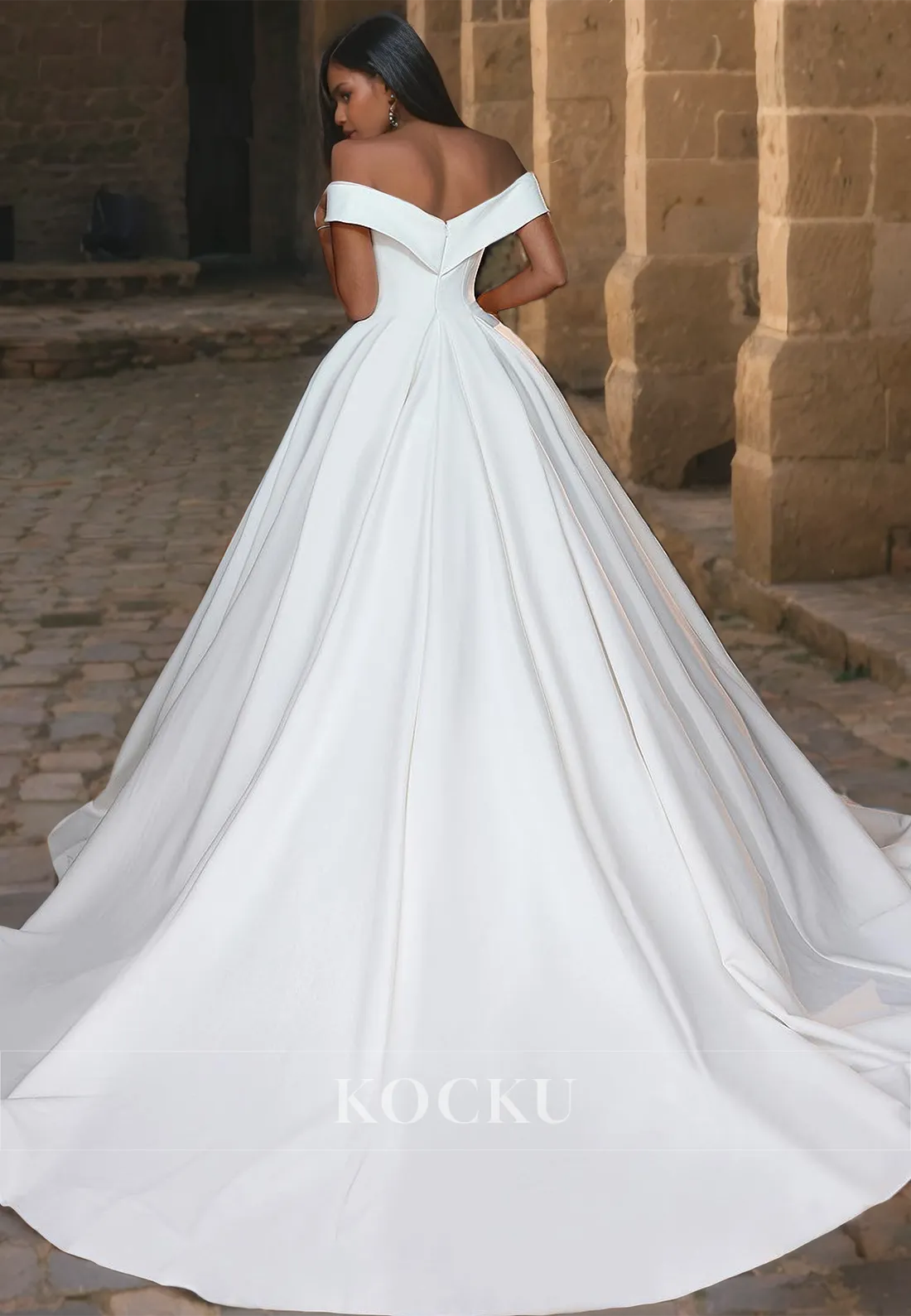Classic & Timeless Off-Shoulder V-Neck A-Line Satin Wedding Dress