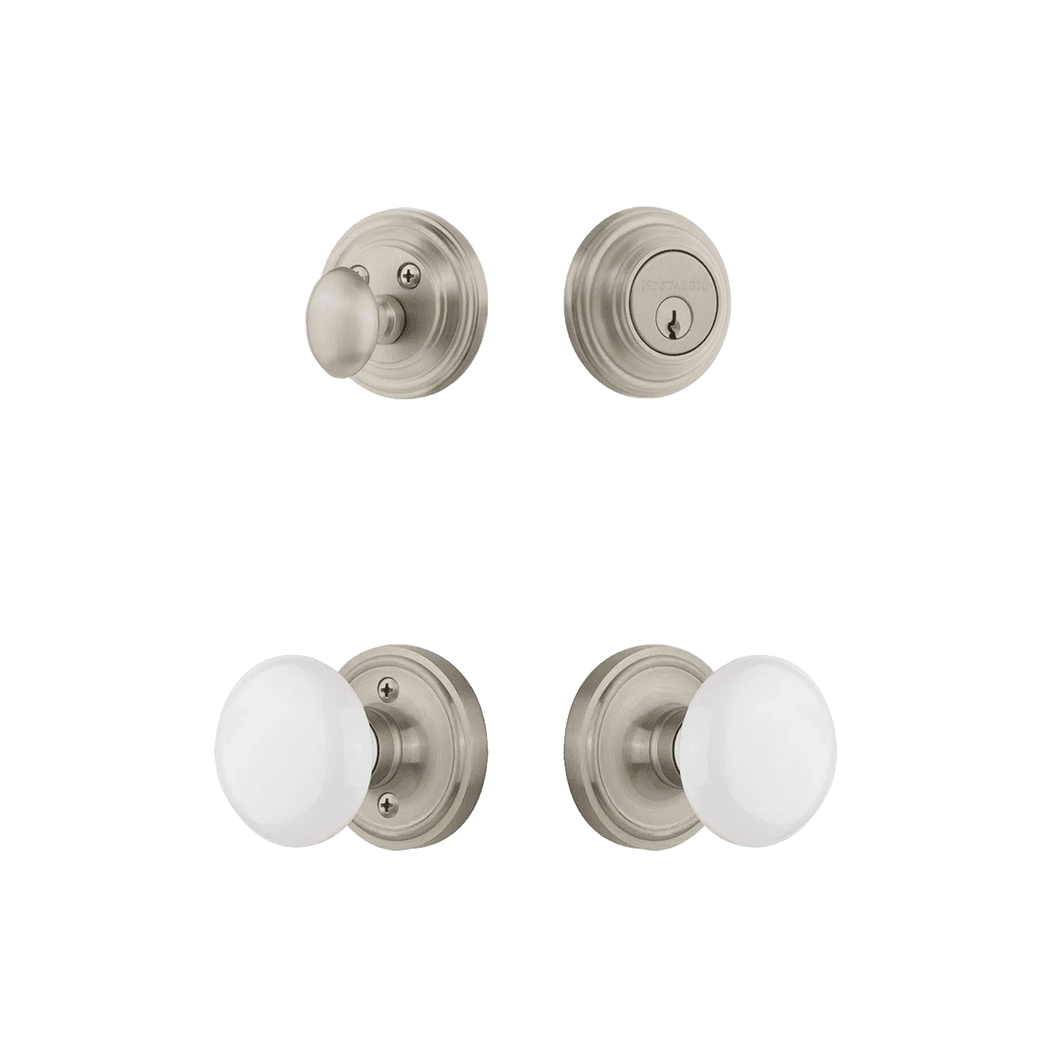 Classic Rosette Entry Set with White Porcelain Knob in Satin Nickel