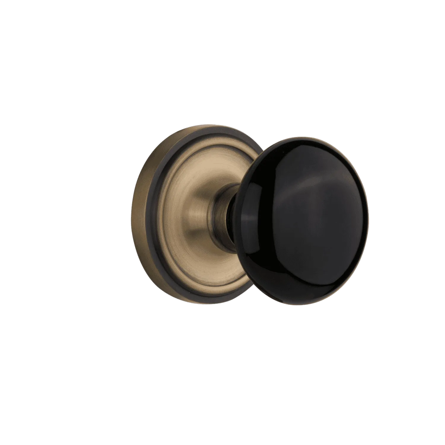 Classic Rosette with Black Porcelain Knob in Antique Brass