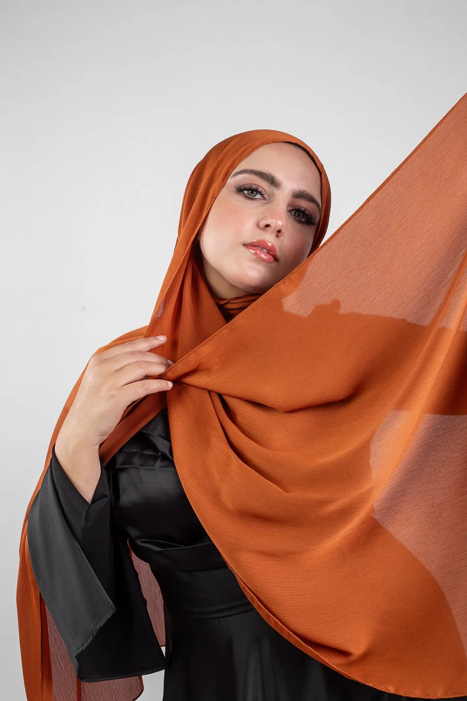 Crinkle Silk Satin Hijab-Ginger Brown
