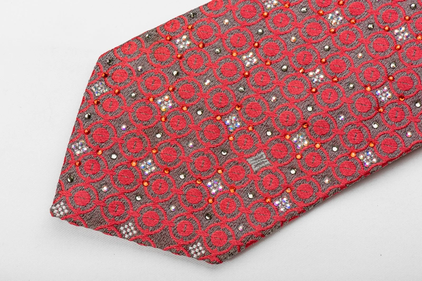 Daks Mens Crystal Silk Necktie Pink Geometric On Silver Sparkling With Rhinestones