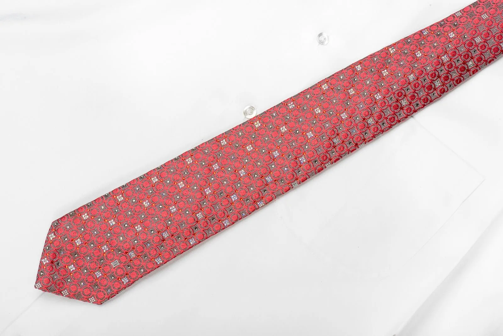 Daks Mens Crystal Silk Necktie Pink Geometric On Silver Sparkling With Rhinestones