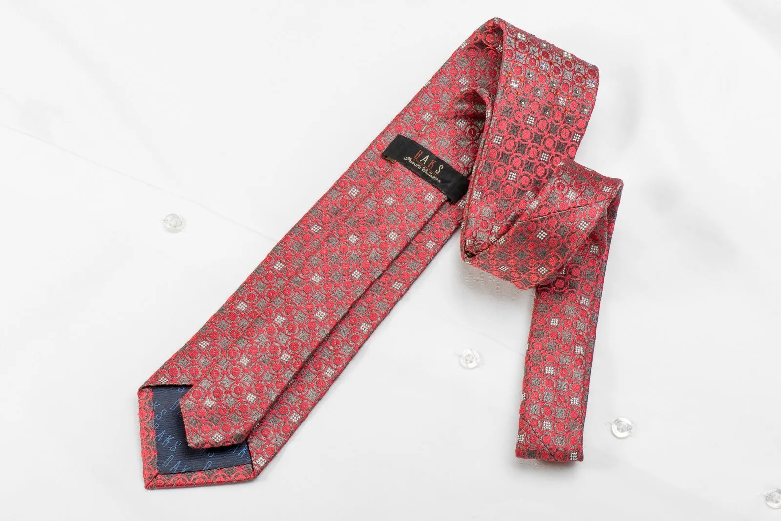 Daks Mens Crystal Silk Necktie Pink Geometric On Silver Sparkling With Rhinestones