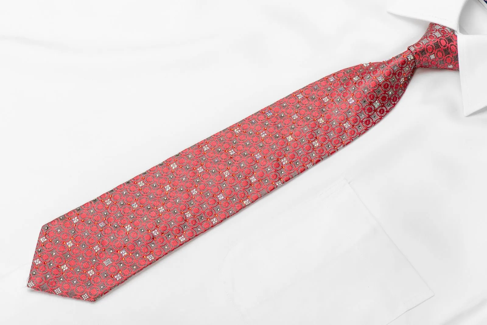 Daks Mens Crystal Silk Necktie Pink Geometric On Silver Sparkling With Rhinestones