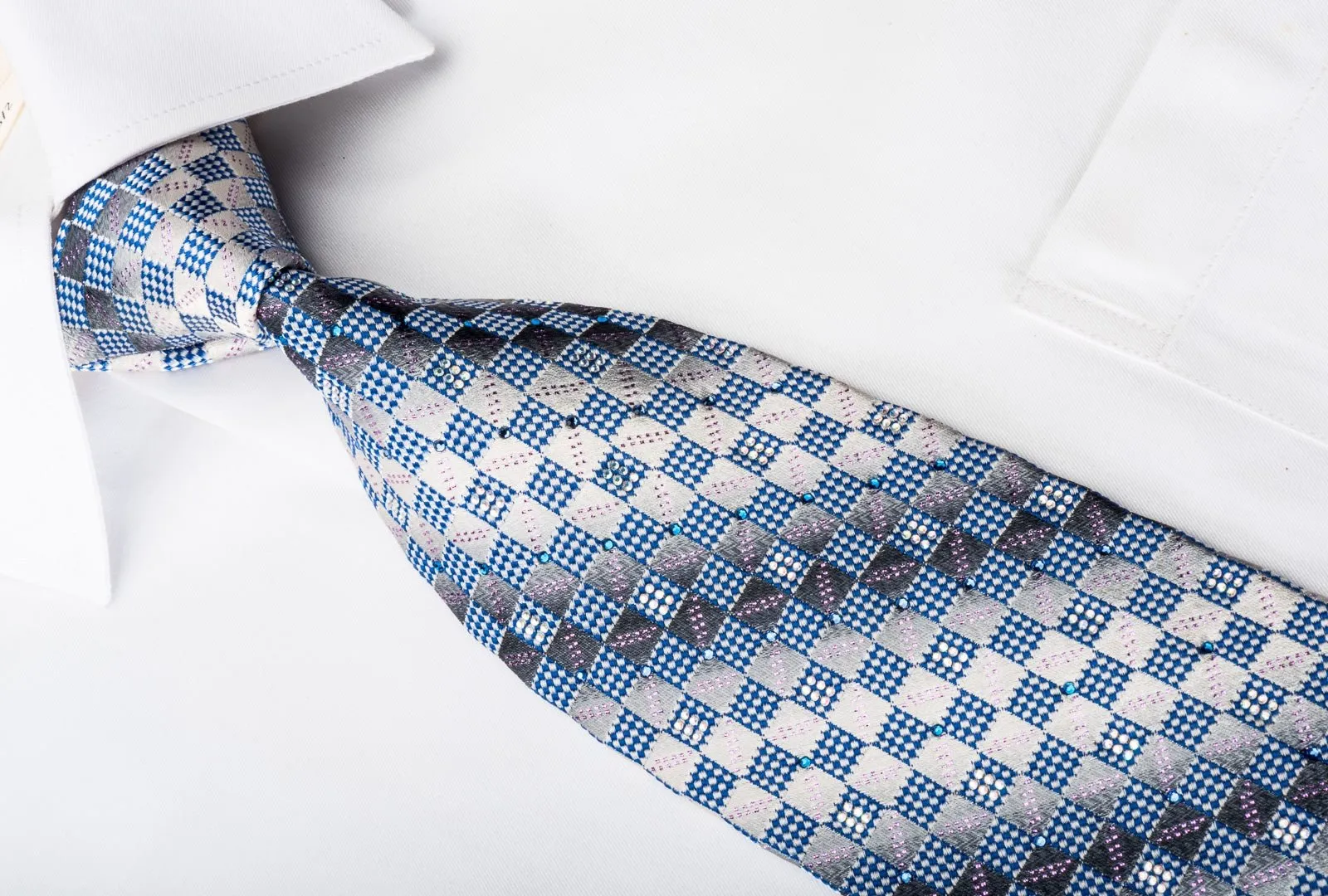 Daks Rhinestone Silk Necktie Blue Checker On Silver With Gold Sparkles