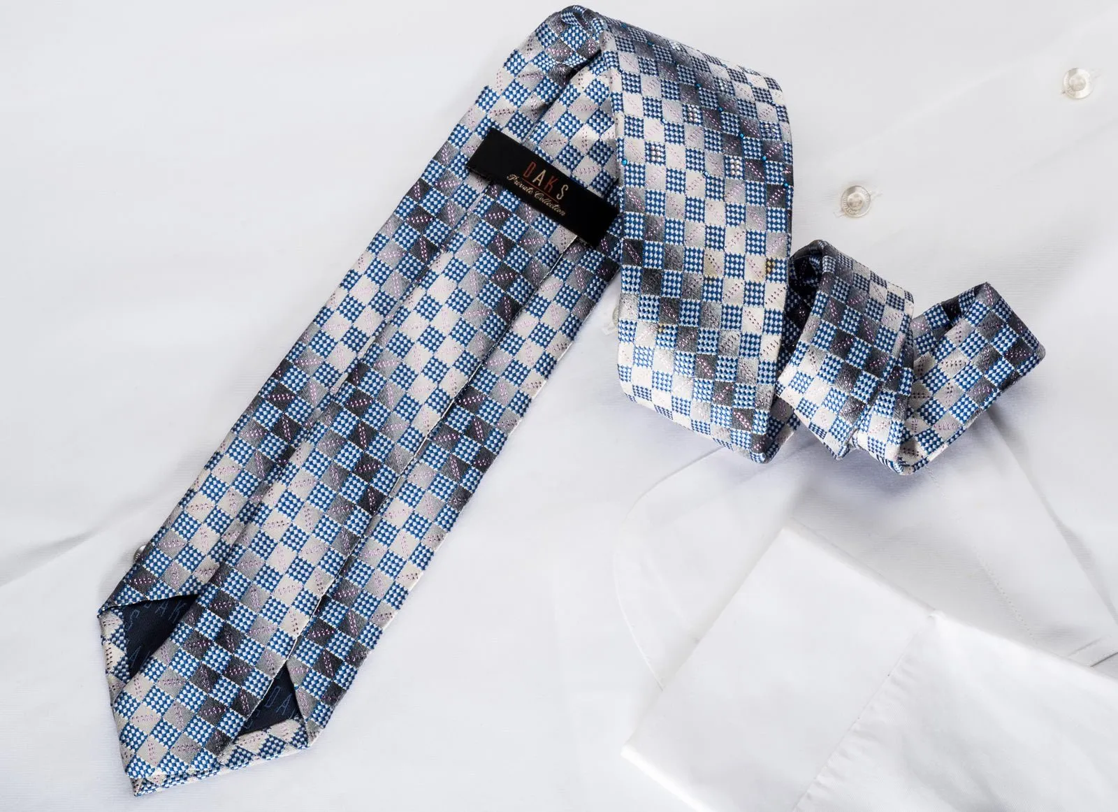 Daks Rhinestone Silk Necktie Blue Checker On Silver With Gold Sparkles