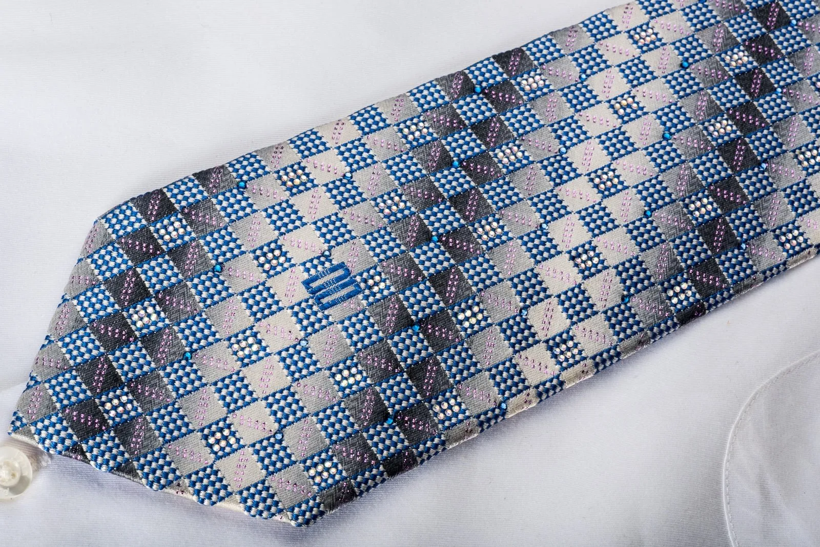 Daks Rhinestone Silk Necktie Blue Checker On Silver With Gold Sparkles
