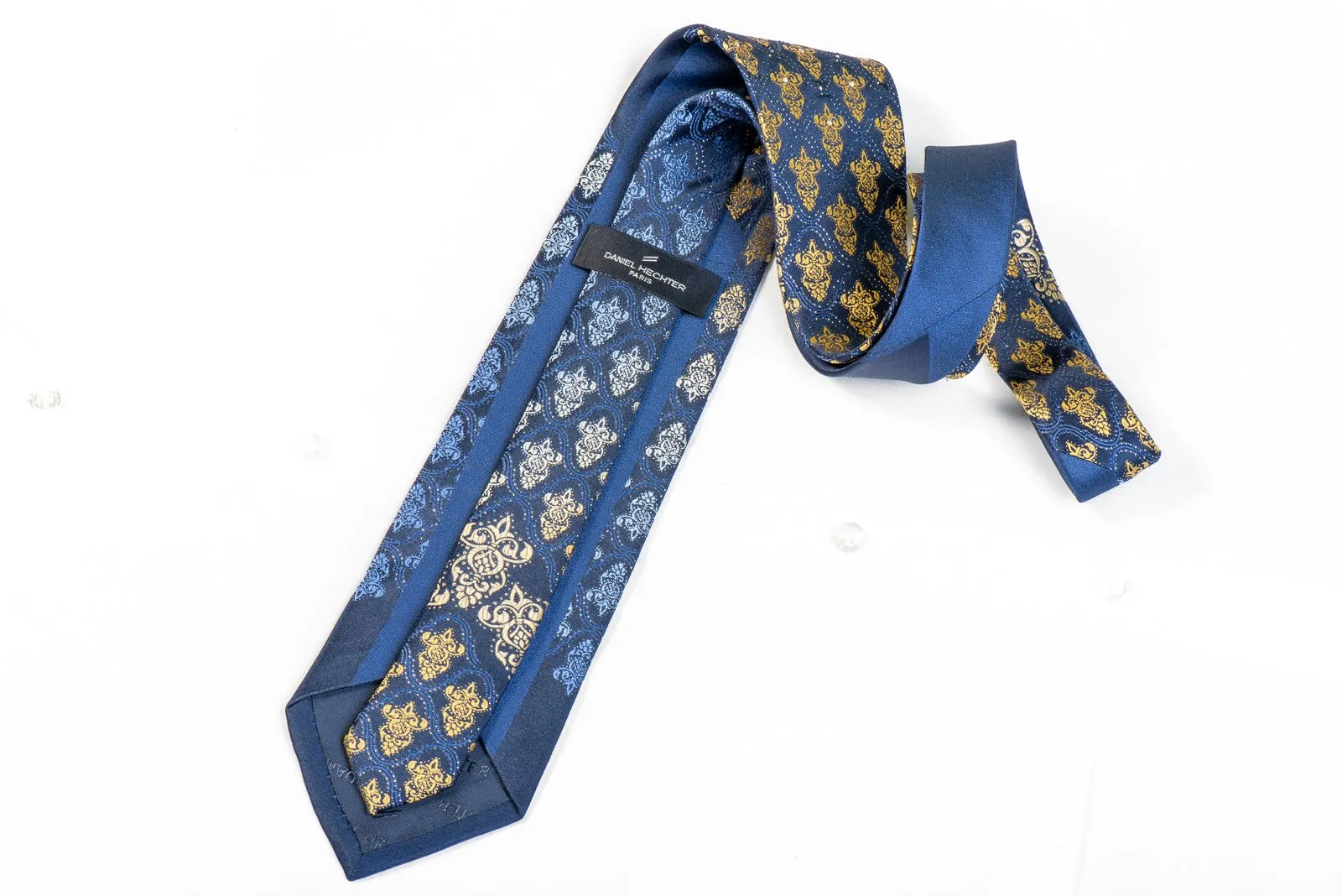 Daniel Hechter Rhinestone Necktie Damask On Blue With Gold Sparkles