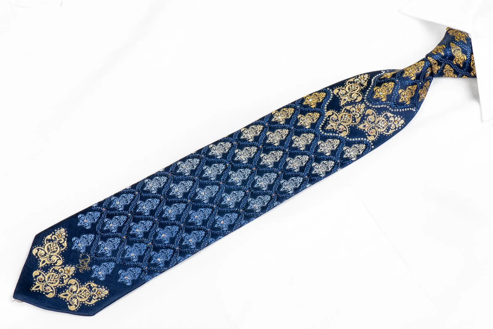 Daniel Hechter Rhinestone Necktie Damask On Blue With Gold Sparkles