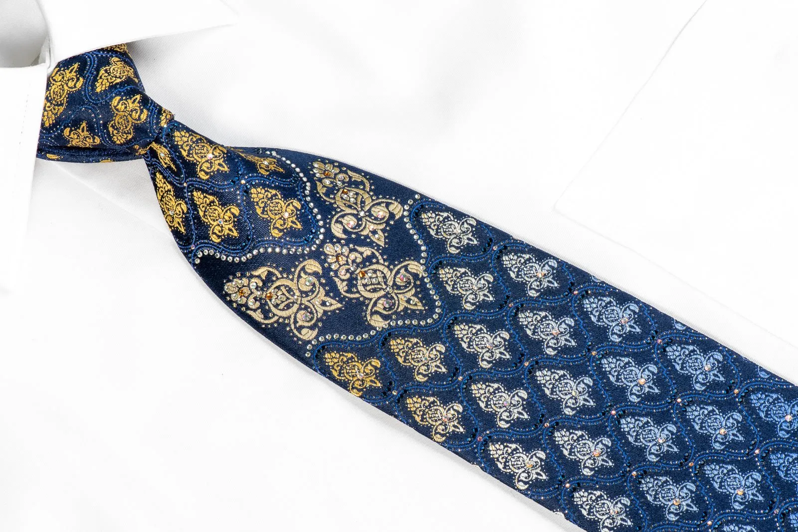 Daniel Hechter Rhinestone Necktie Damask On Blue With Gold Sparkles