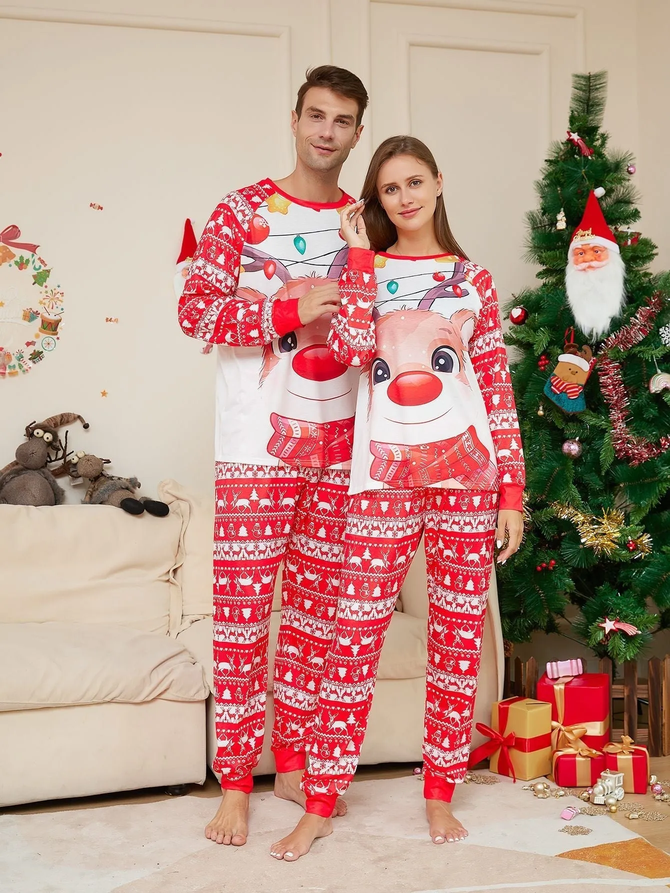 Family Matching Fawn Print Round Christmas Pajama Set