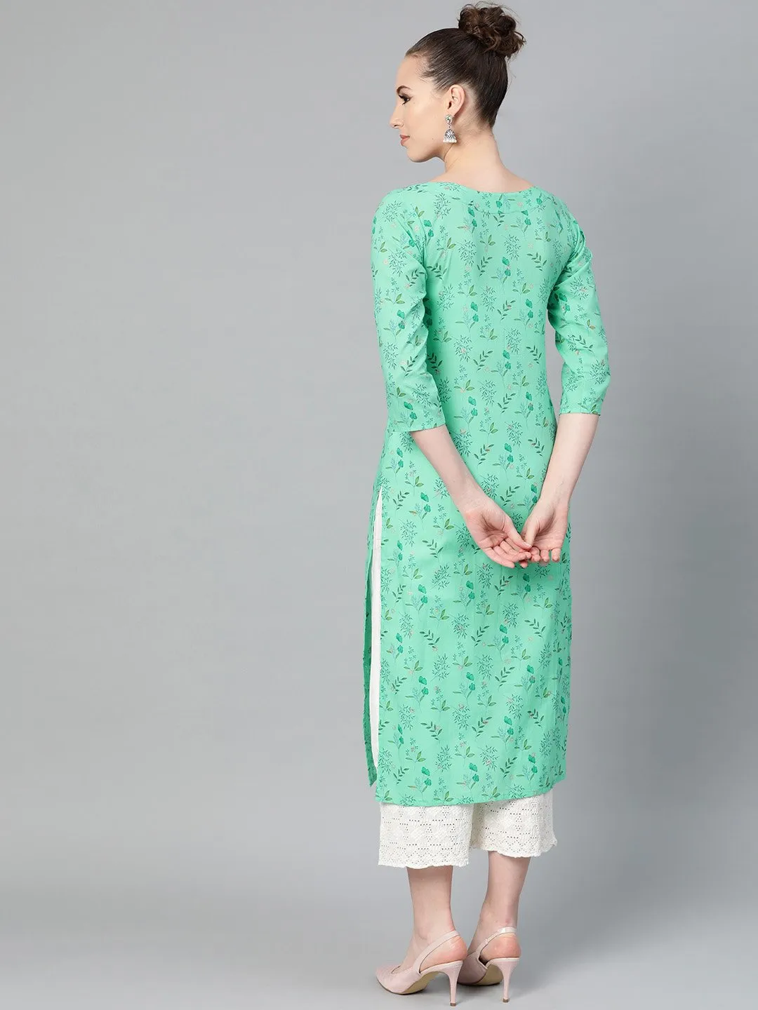 Fern Green Floral Printed Straight Kurta With Round Neck & 3/4 Sleeves