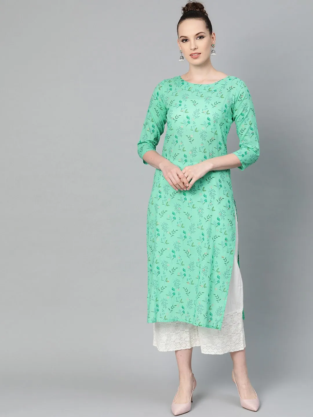 Fern Green Floral Printed Straight Kurta With Round Neck & 3/4 Sleeves