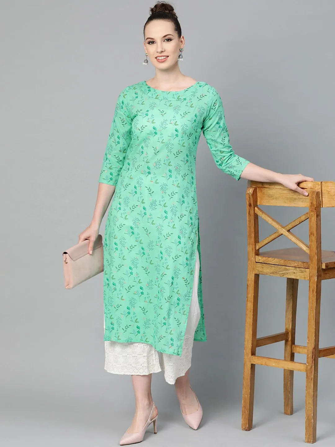 Fern Green Floral Printed Straight Kurta With Round Neck & 3/4 Sleeves