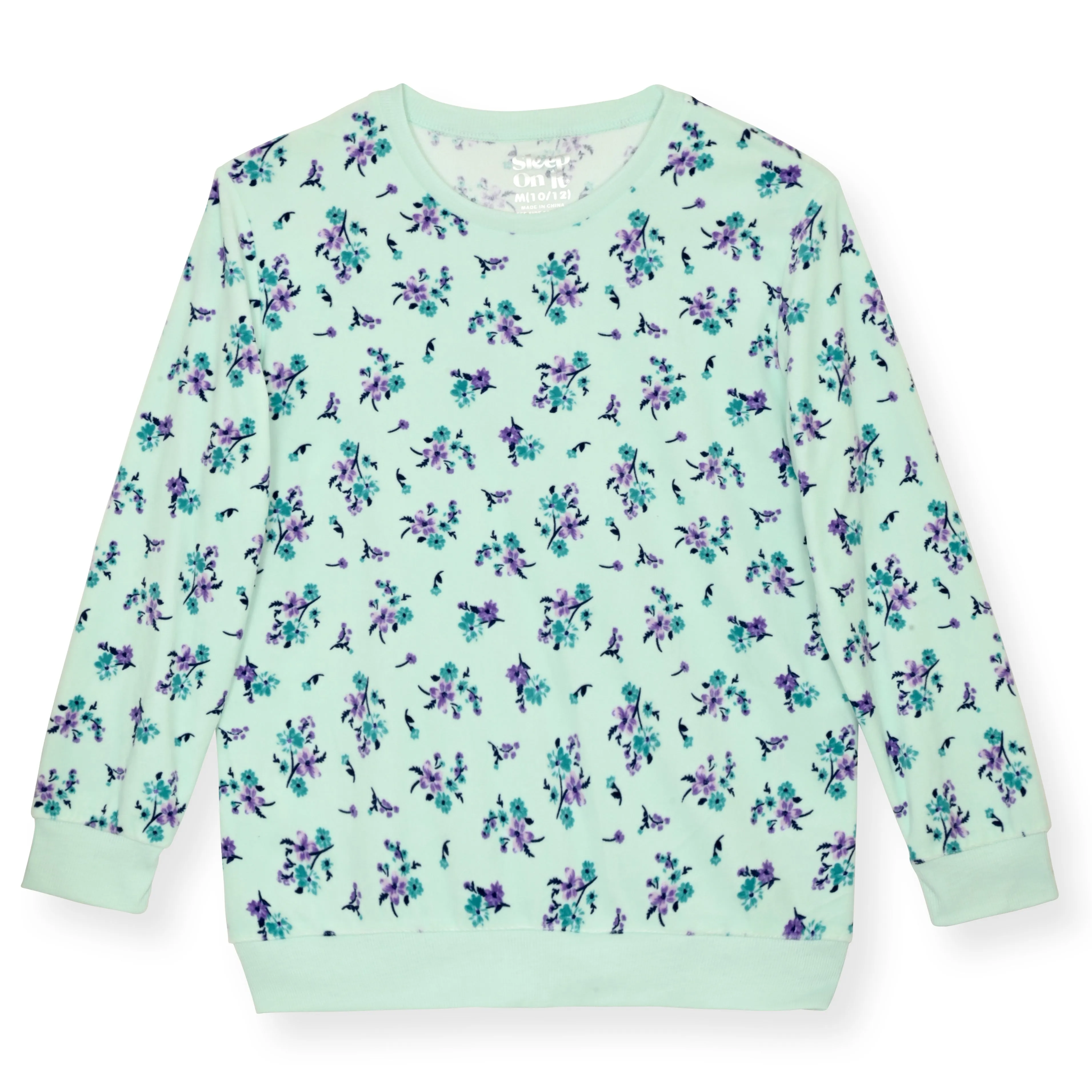 Girls 2-Piece Velour Pajama Set- Floral, Mint Green Girls Pajama Set