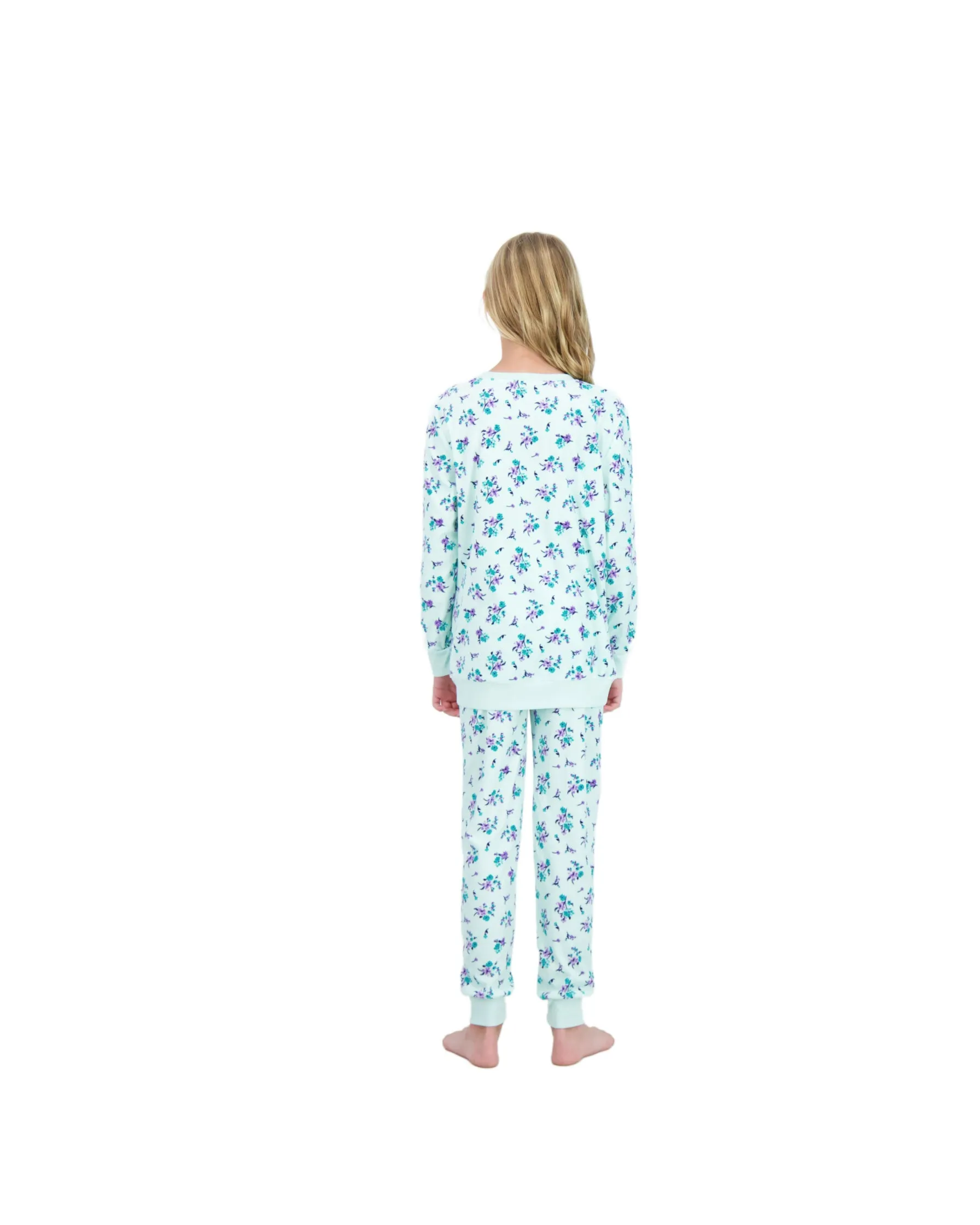 Girls 2-Piece Velour Pajama Set- Floral, Mint Green Girls Pajama Set