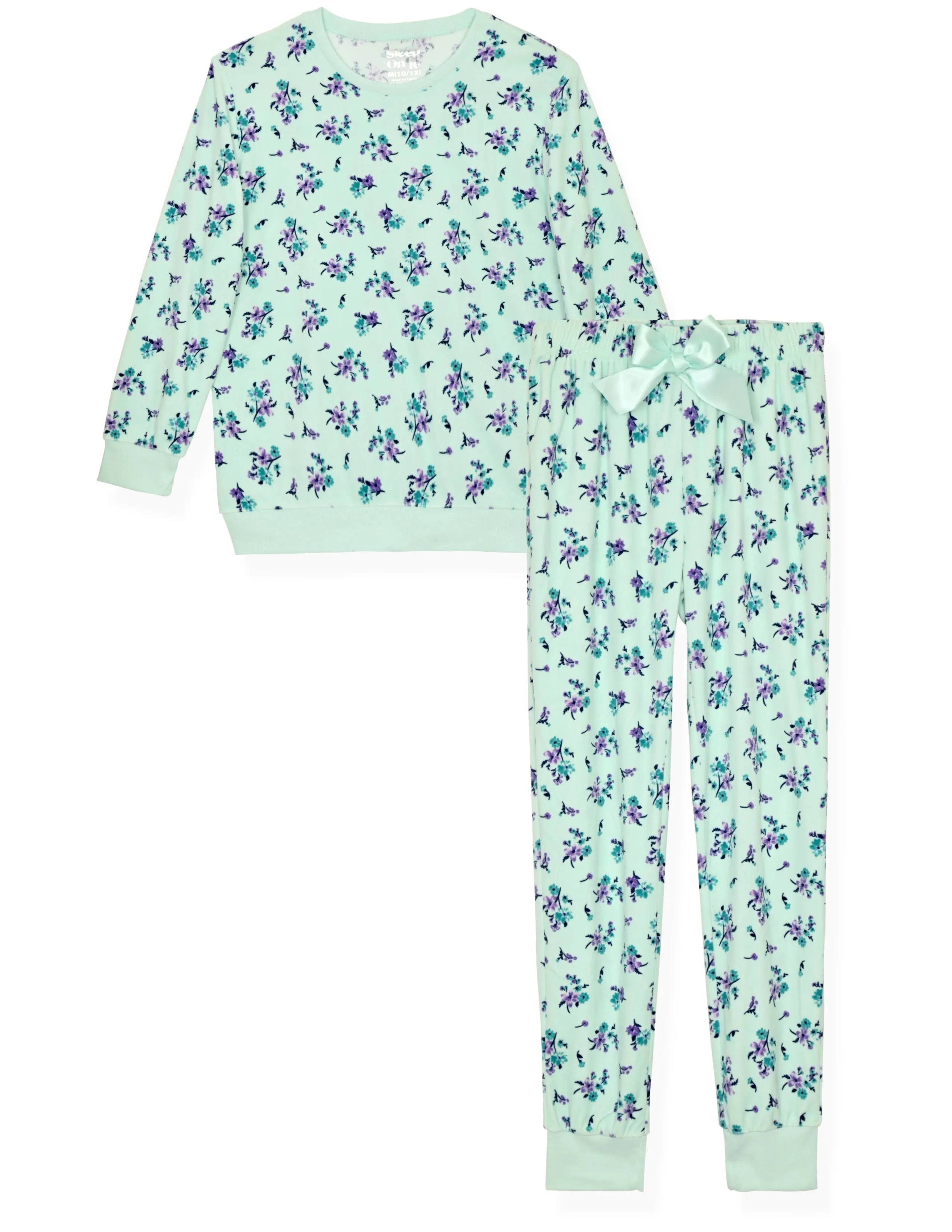 Girls 2-Piece Velour Pajama Set- Floral, Mint Green Girls Pajama Set