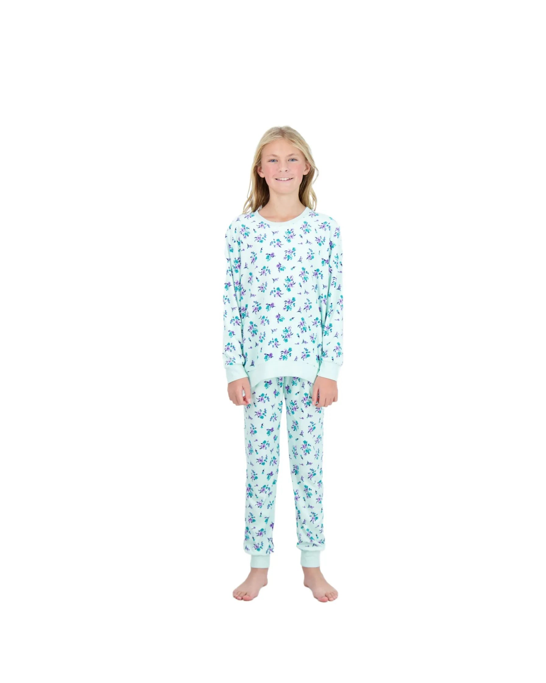 Girls 2-Piece Velour Pajama Set- Floral, Mint Green Girls Pajama Set