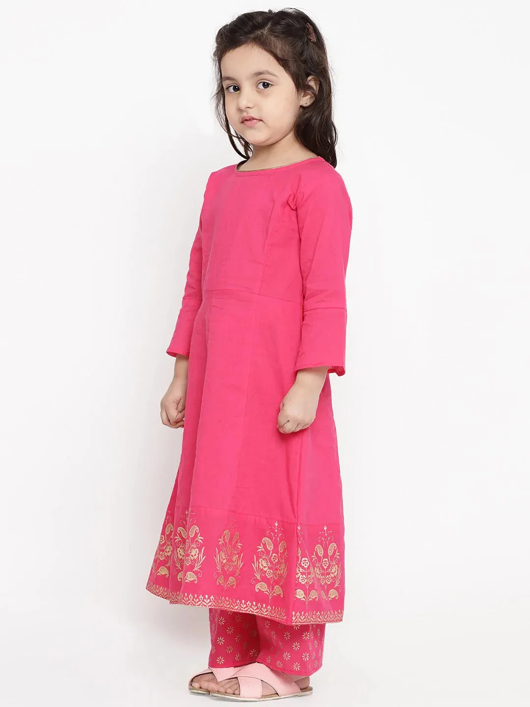Girls Pink Printed Detail Kurti With Pyjamas