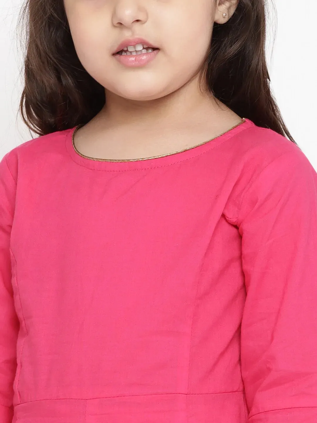 Girls Pink Printed Detail Kurti With Pyjamas