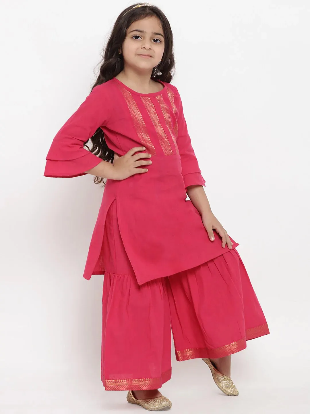 Girls Pink Self Design Kurta With Palazzos