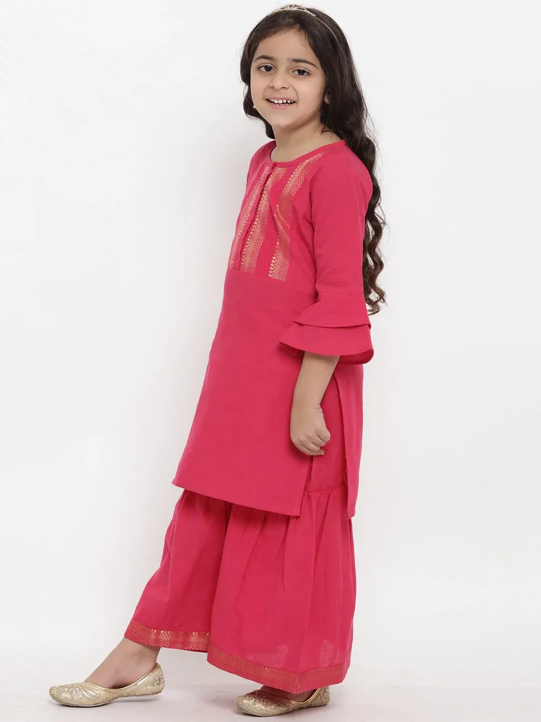 Girls Pink Self Design Kurta With Palazzos
