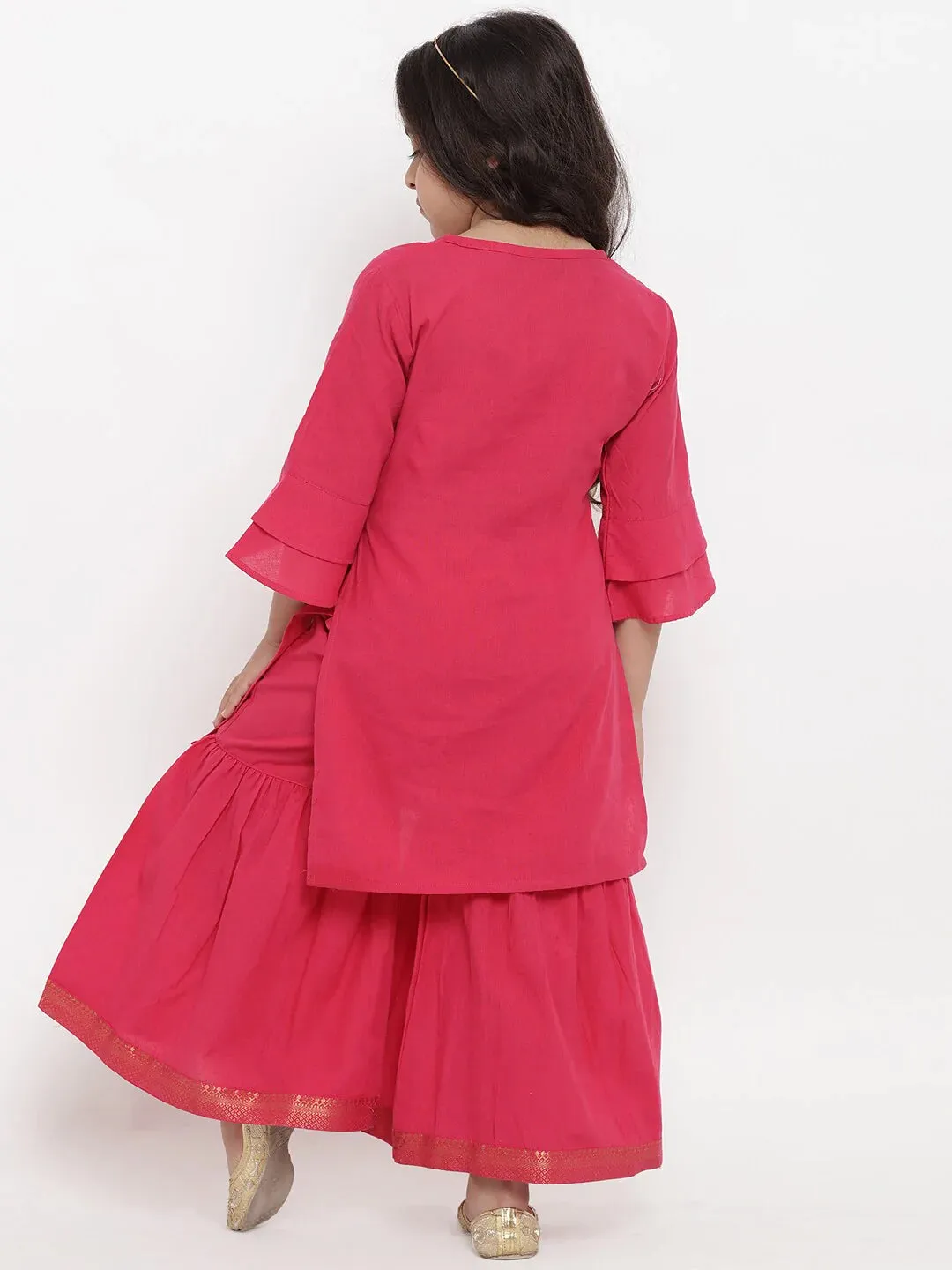 Girls Pink Self Design Kurta With Palazzos
