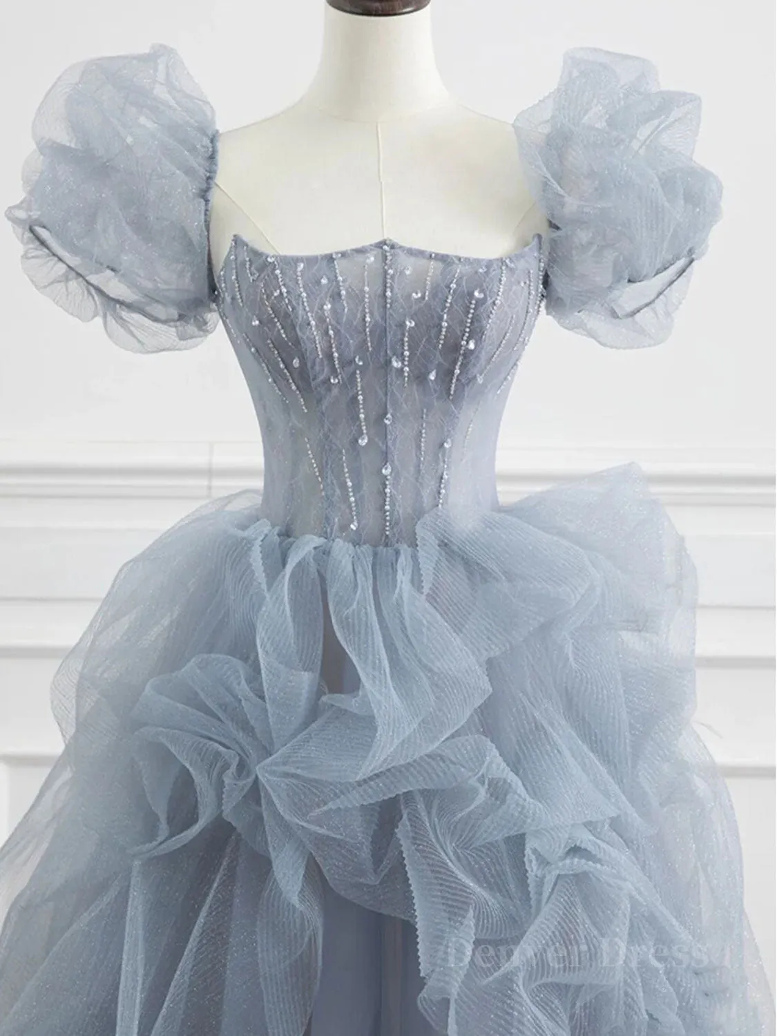 Gray tulle beads long prom dress gray tulle formal dress