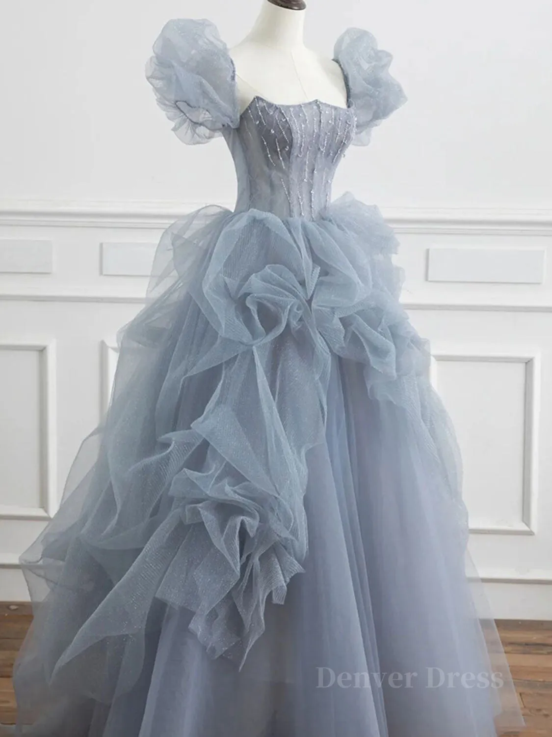 Gray tulle beads long prom dress gray tulle formal dress
