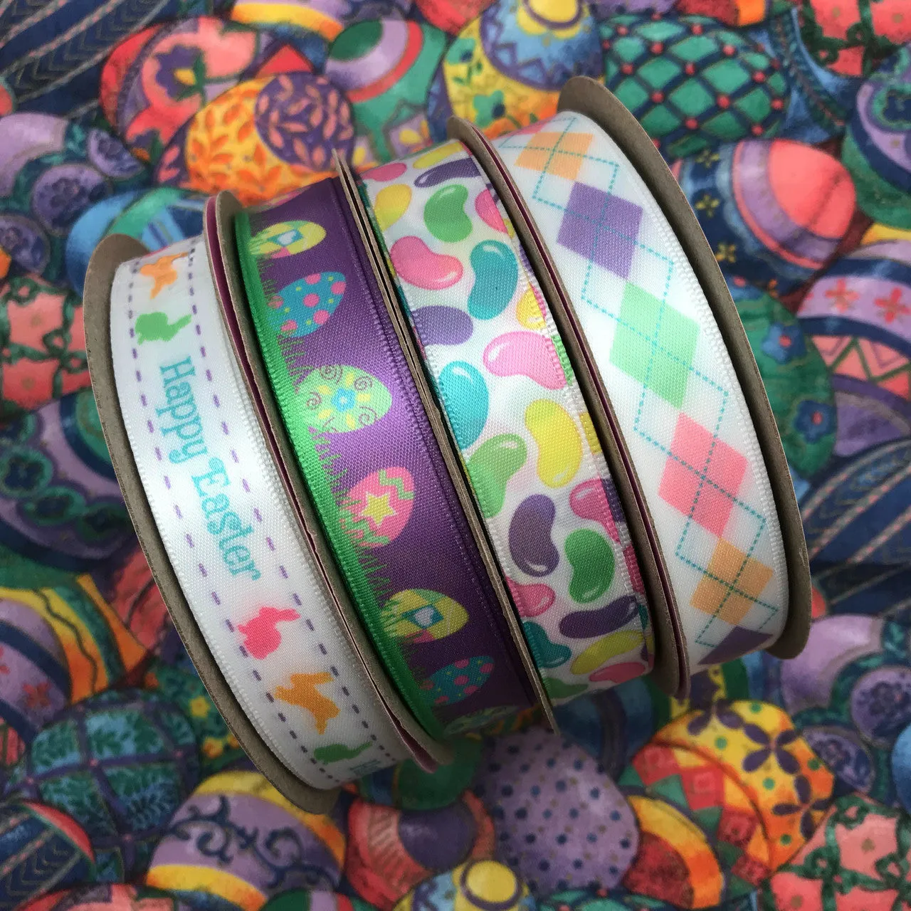 Jelly Beans Ribbon in pastel colors on 5/8" White Single Face Satin ribbon