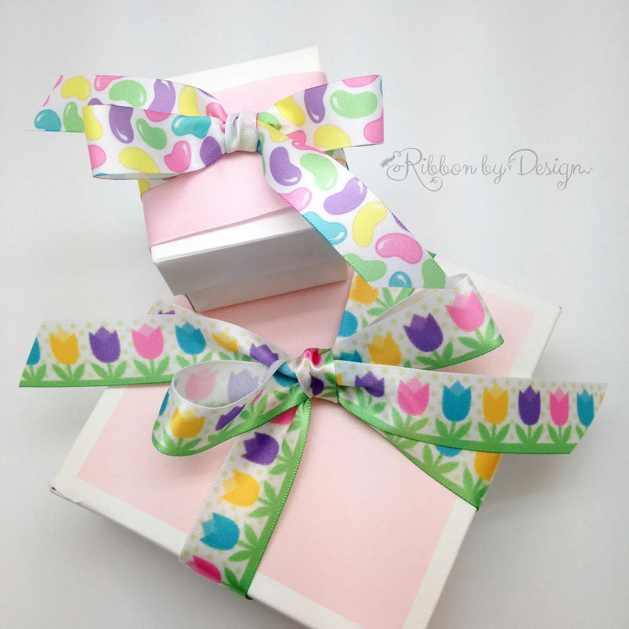 Jelly Beans Ribbon in pastel colors on 5/8" White Single Face Satin ribbon