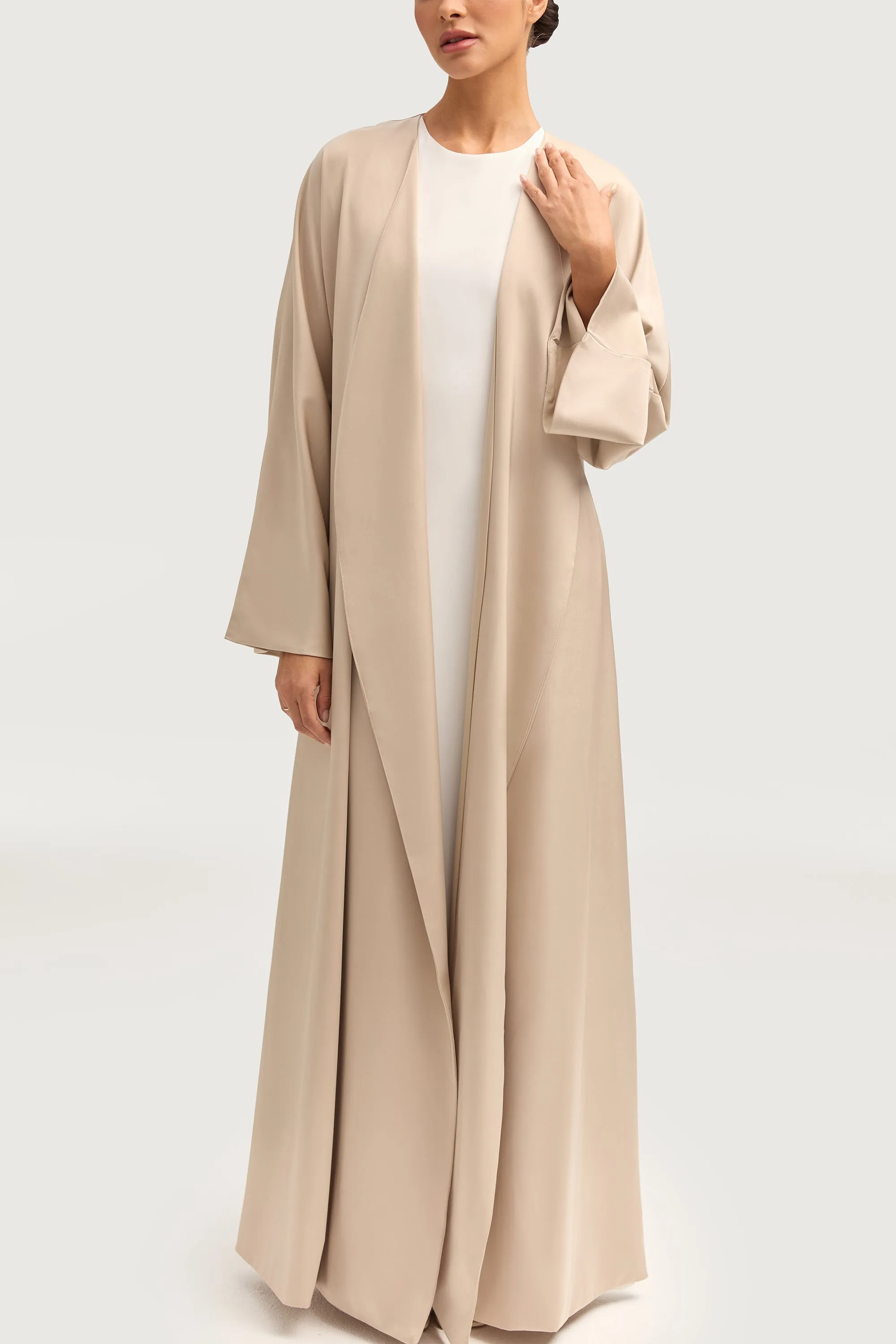 Jumana Satin Open Abaya - Stone