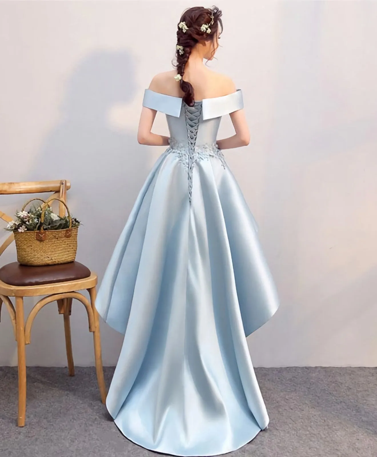 Light Blue High Low Lace Prom Dress Evening Dress