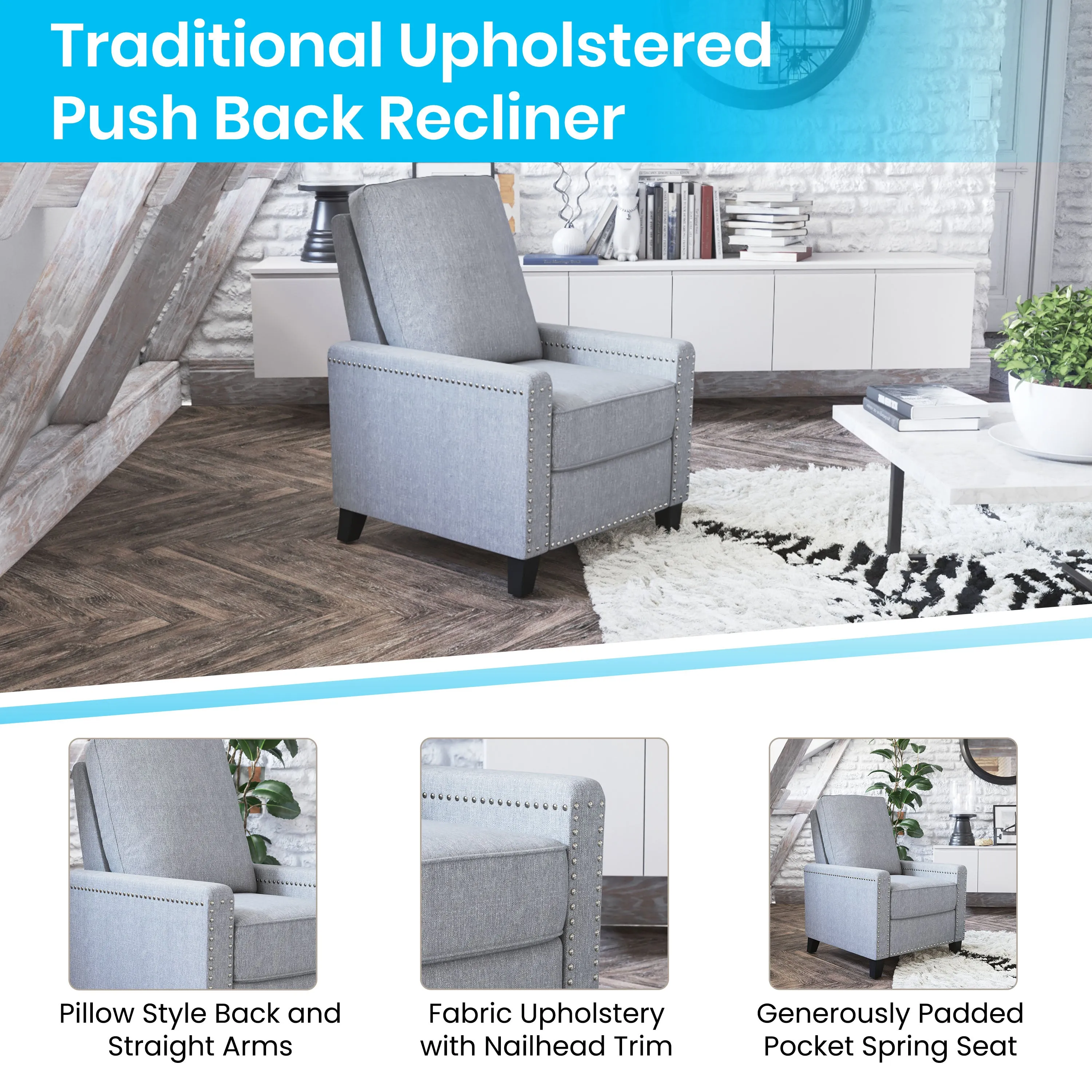 Light Gray Push Back Recliner BO-BS7003-LGY-GG
