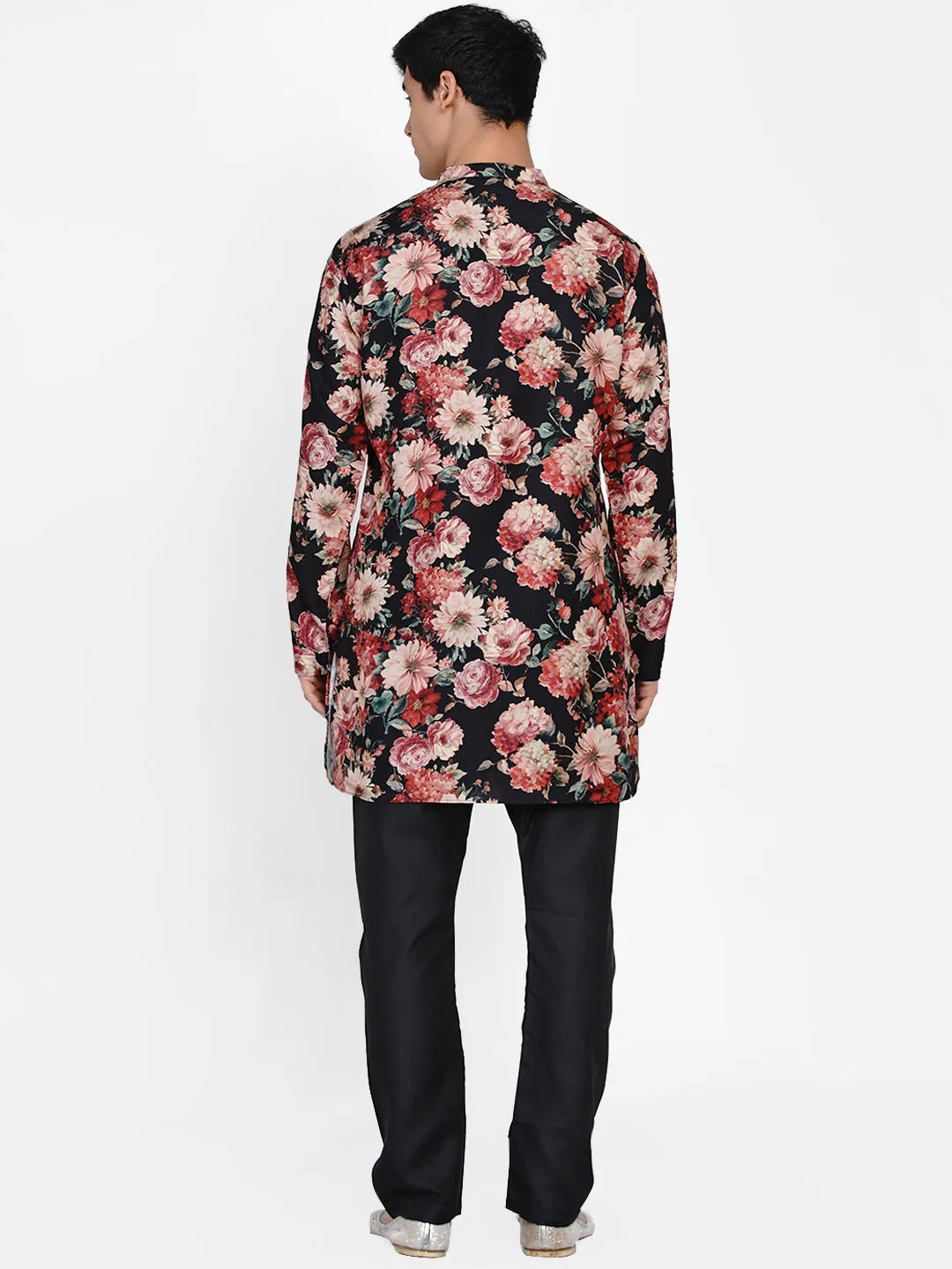 Men Black Paisley Printed Angrakha Kurta with Pyjamas