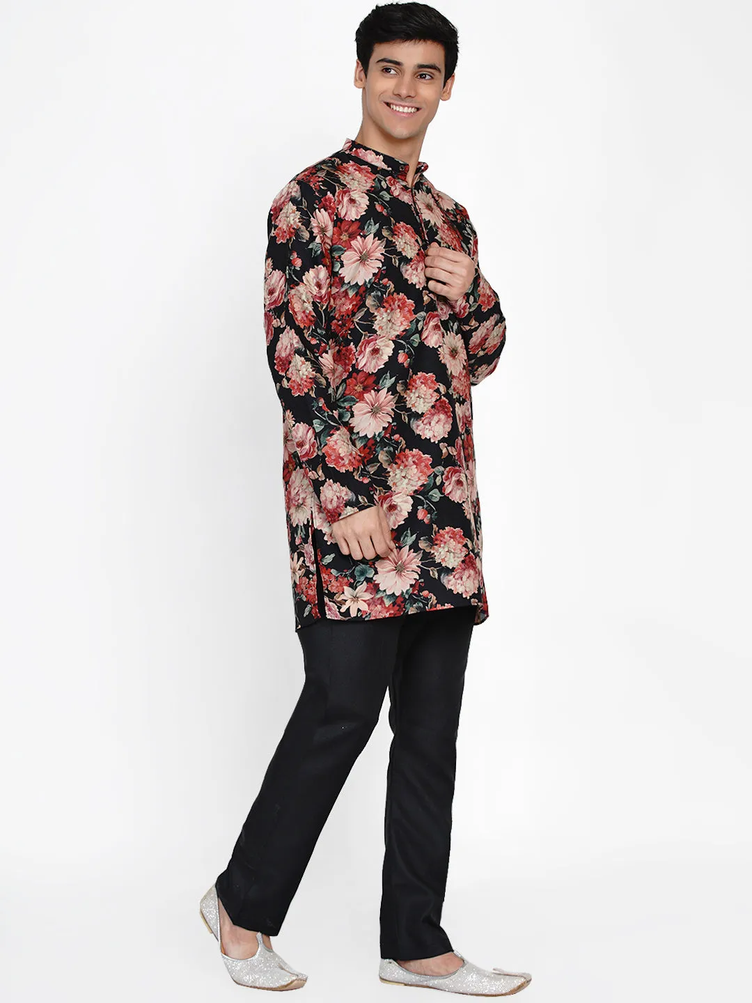 Men Black Paisley Printed Angrakha Kurta with Pyjamas